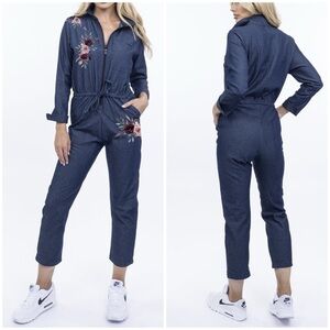 Lezat Gracie Denim Coverall Jumpsuit Indigo Long Sleeve Floral Sz M